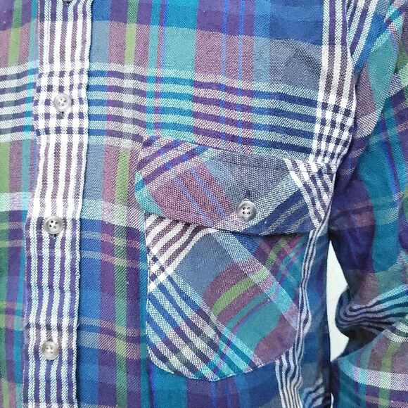 River Trader Men's Button Down Shirt Long Sleeve unique  Blue Green Plaid Medium - Picture 8 of 11
